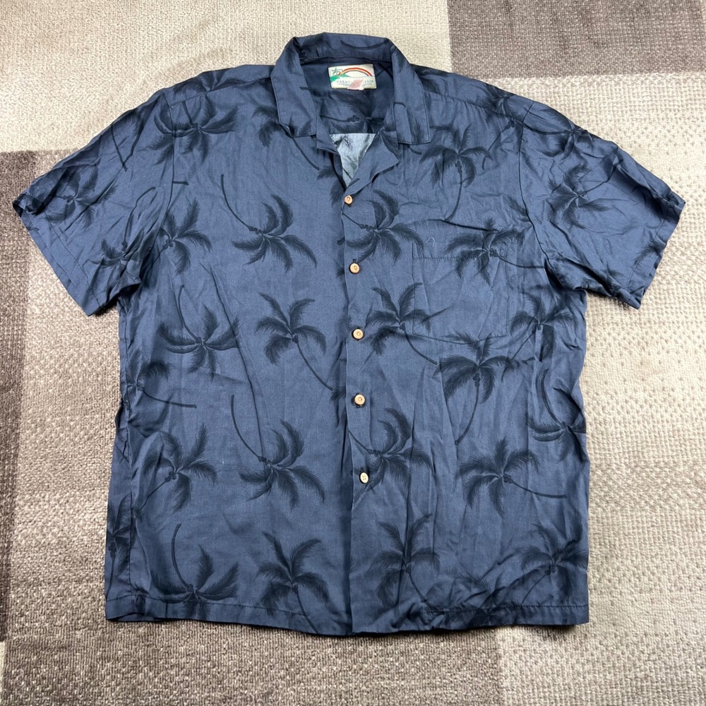 Paradise Found Mens Hawaiian Shirt Large Blue Palm Tree Rayon Made in‎ Hawaii L